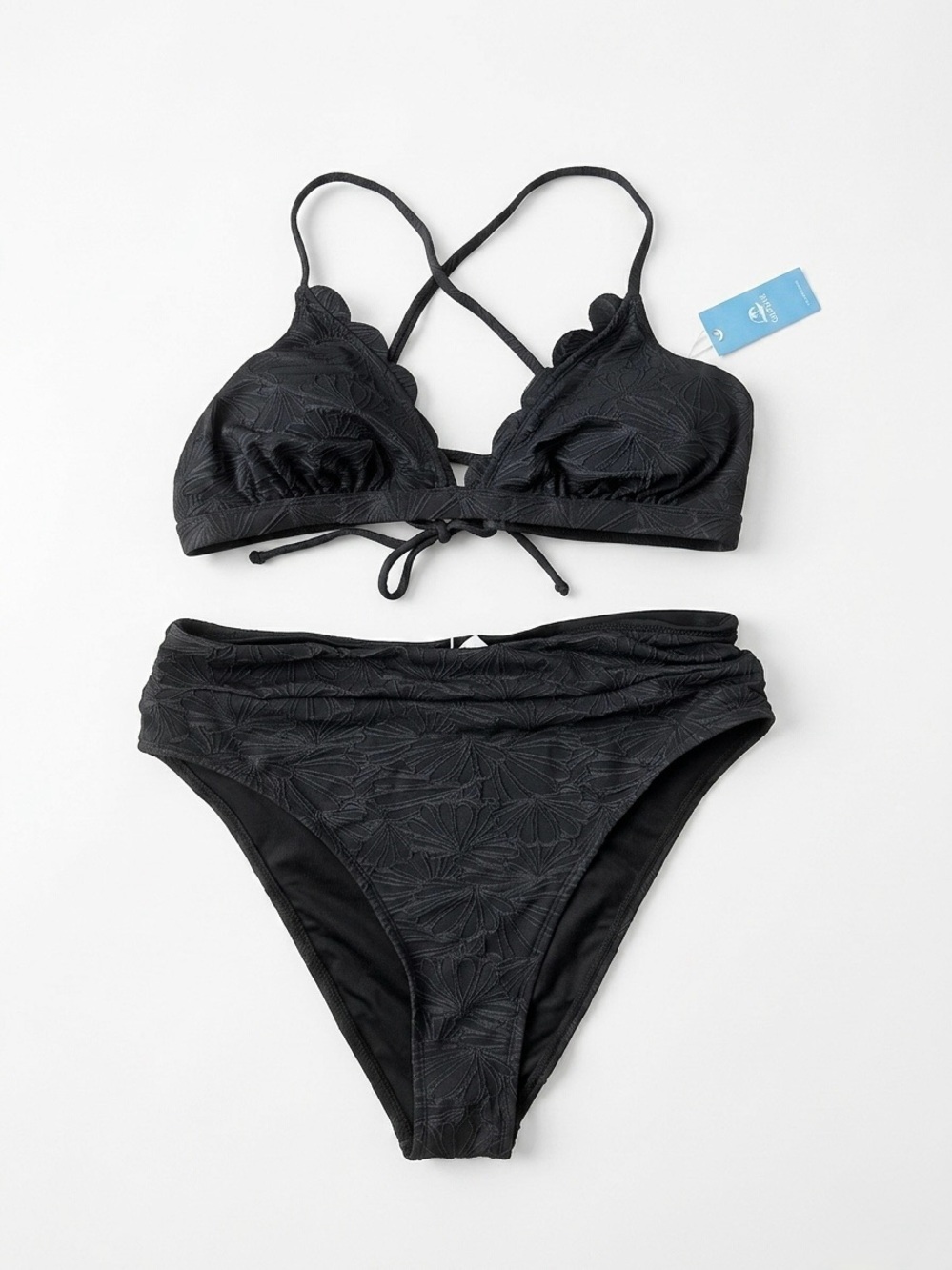 Cupshe XL Black Floral Textured High Waisted Bikini Set NWT Scalloped